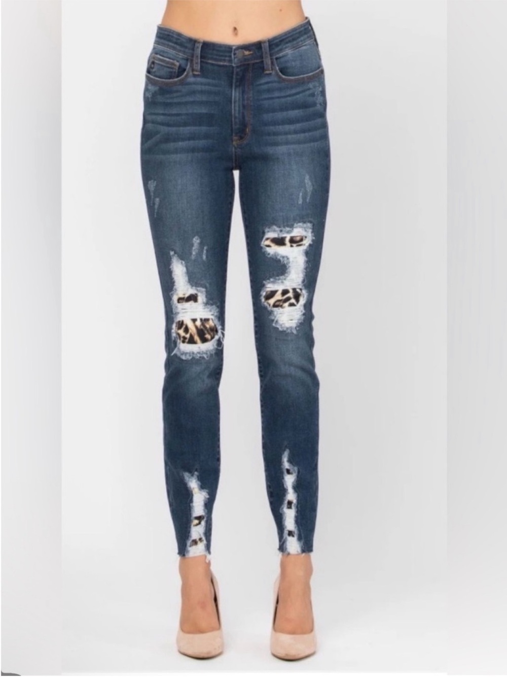 Judy Blue Size 1/25 Blue Skinny Jeans Distressed Leopard Patch Stretch Denim